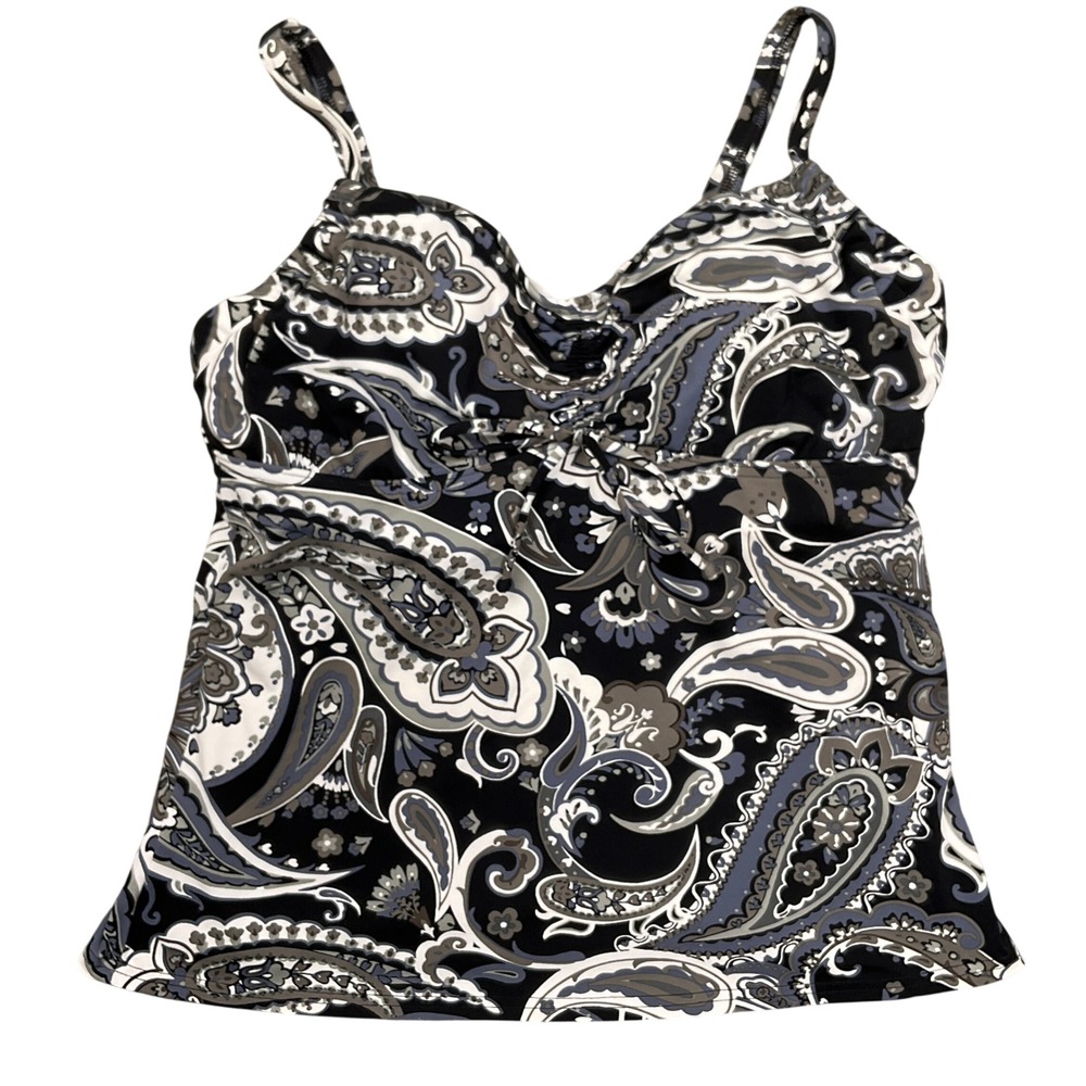 Lands End Tankini Top‎ Womens 8DD Black Gry Paisley Underwire Swim Resortwear